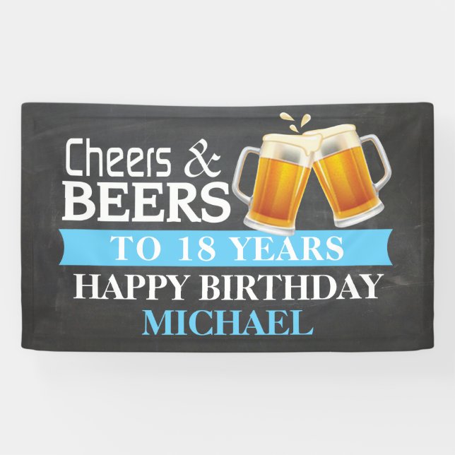 Cheers and Beers Happy 18th Birthday Banner Blue (Horizontal)