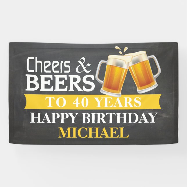 Cheers and Beers Happy 40th Birthday Banner Yellow (Horizontal)
