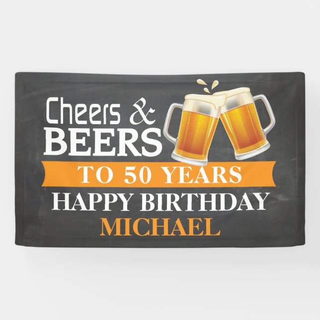 Cheers and Beers Happy 50th Birthday Banner Orange (Horizontal)