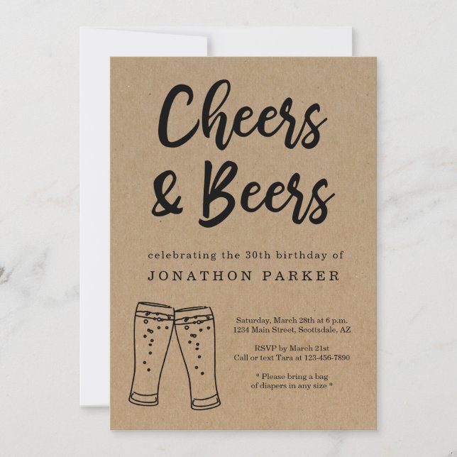 Cheers and Beers Men's Adult Birthday Party Invitation (Front)