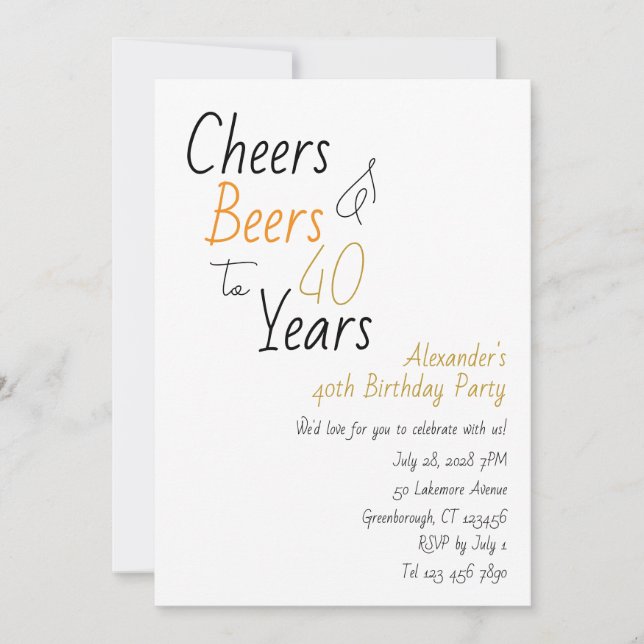 Cheers and Beers Minimal 40th Birthday Party Invitation (Front)