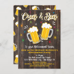 Cheers and Beers Retirement Party Invitation<br><div class="desc">Awesome Cheers and Beers Retirement party invitations on a rustic dark wood plank background. Great retro hip vibe.
Need help with the layout,  just email me at tkatz@me.com
Great for any milestone birthday,  30th,  40th,  50th,  60th,  70th,  80th or more!  Change to any age
Hand drawn illustration by McBooboos</div>