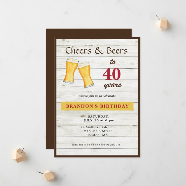 Cheers And Beers Rustic 40th Birthday Invitation (Front/Back In Situ)