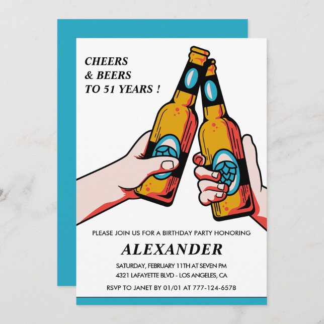 Cheers and Beers Rustic Men Blue 51st birthday Invitation (Front/Back)