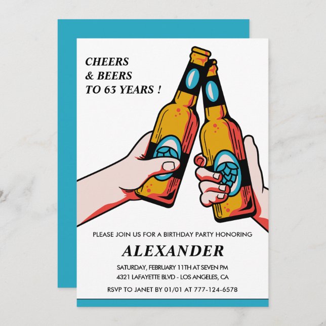 Cheers and Beers Rustic Men Blue 63rd birthday Invitation (Front/Back)
