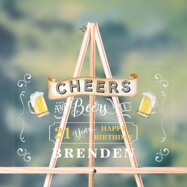 Cheers and Beers to 21 Years Birthday Party Acrylic Sign (Neutral)