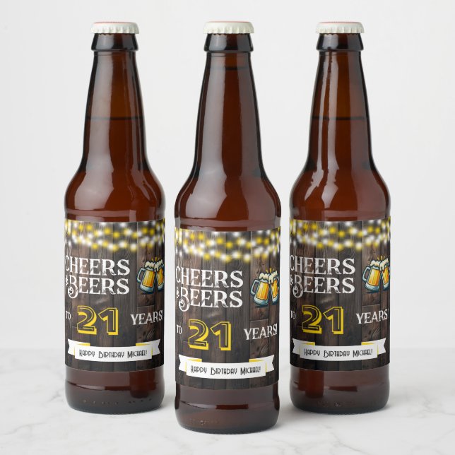 Cheers and Beers to 21 Years Rustic Birthday Beer Bottle Label (Bottles)