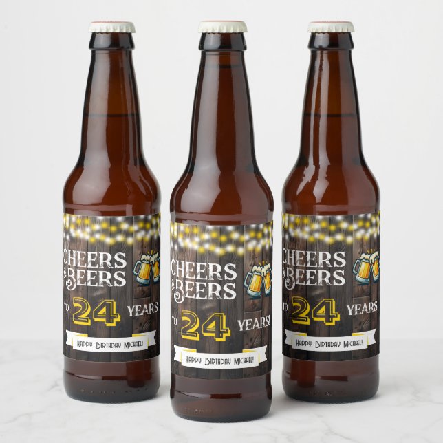 Cheers and Beers to 24 Years Rustic Birthday Beer Bottle Label (Bottles)
