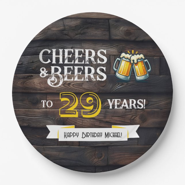 Cheers and Beers to 29 Years Rustic Birthday Paper Plate (Front)