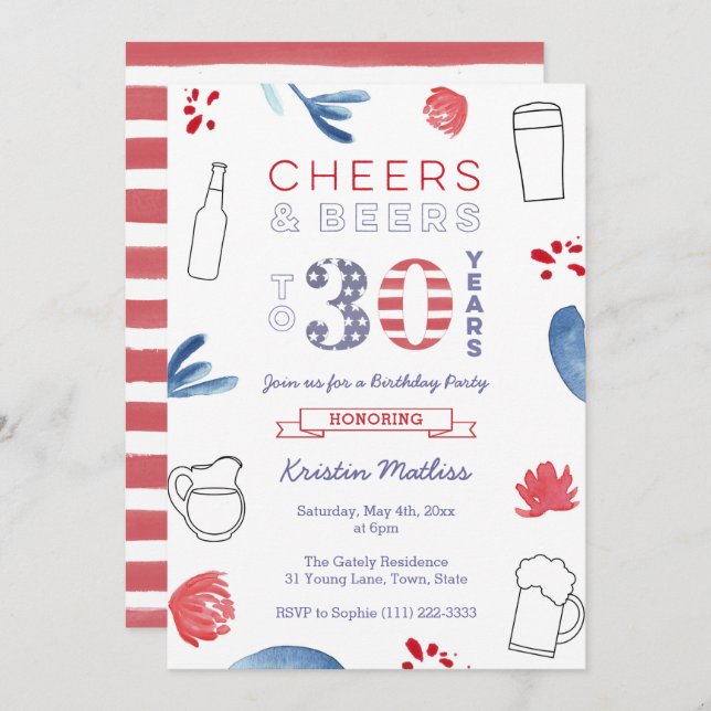Cheers And Beers To 30 Years Adult Birthday Party Invitation (Front/Back)