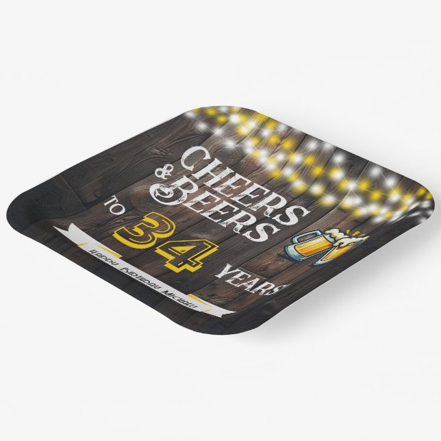 Cheers and Beers to 34 Years Rustic Birthday Paper Plate (Angled)
