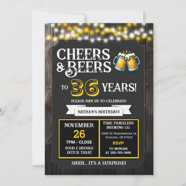 Cheers and Beers to 36 Years Surprise Brewery Invitation (Front)