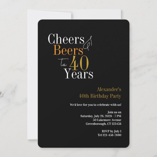 Cheers and beers to 40 years party black gold invitation (Front)