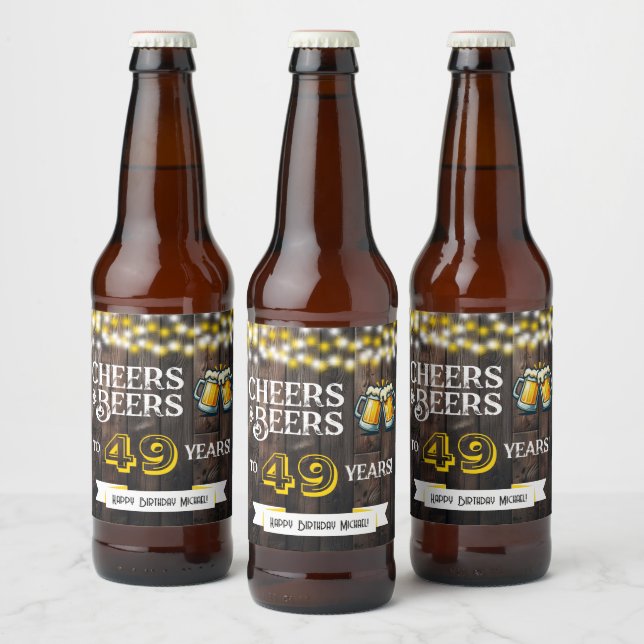 Cheers and Beers to 49 Years Rustic Birthday Beer Bottle Label (Bottles)