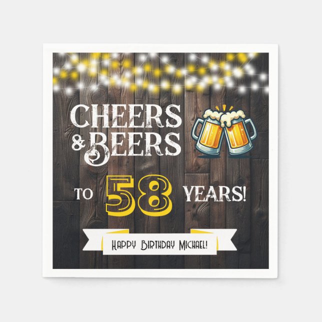 Cheers and Beers to 58 Years Rustic Birthday Party Napkin (Front)