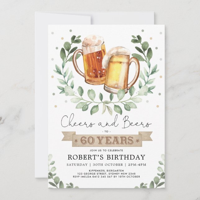 Cheers and Beers to 60 Years Adult Man Birthday Invitation (Front)