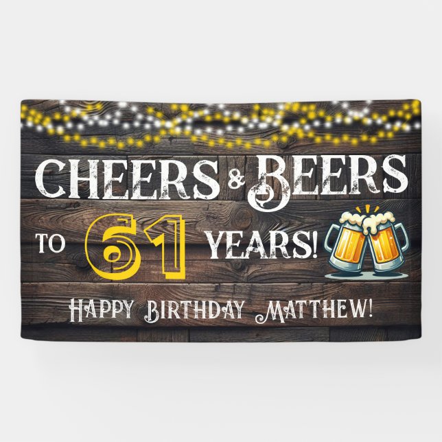 Cheers and Beers to 61 Years Birthday Party Banner (Horizontal)