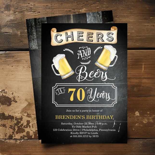 Cheers and Beers to 70 Years Birthday Party Invitation (Cheers and Beers to 70 Years Chalkboard Look 70th Birthday Party Invitation)