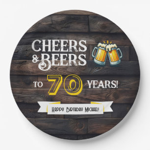 Cheers and Beers to 70 Years Rustic Birthday Paper Plate