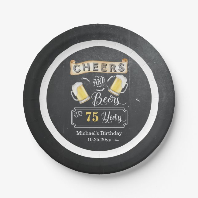 Cheers and Beers to 75 Years Birthday Paper Plate (Front)