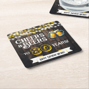 Cheers and Beers to 80 Years Rustic Birthday Square Paper Coaster