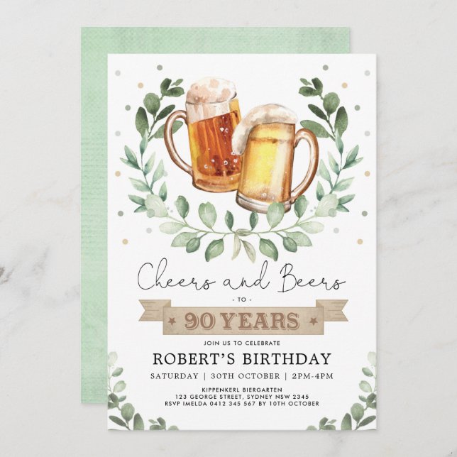 Cheers and Beers to 90 Years Adult Men Birthday Invitation (Front/Back)