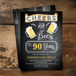 Cheers and Beers to 90 Years Birthday Party Invitation<br><div class="desc">Celebrate your 90th Birthday in style with this rustic  woodsy "Cheers and Beers" chalkboard and multi-toned wood vintage barroom look design.  Composite design by Holiday Hearts Designs (rights reserved).</div>