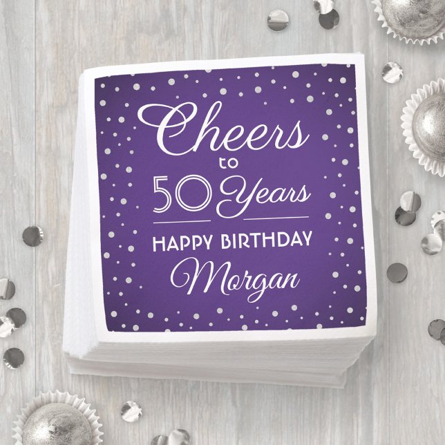 Cheers Any Birthday Silver Glitter Purple & White Napkin (Creator Uploaded)