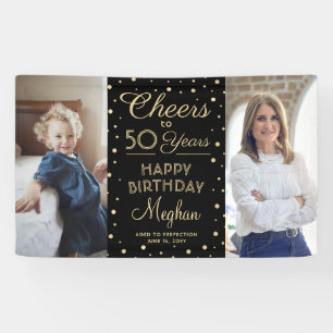 Cheers Any Year Birthday 2 Photo Black Gold 50th Banner