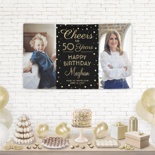 Cheers Any Year Birthday 2 Photo Black Gold 50th Banner