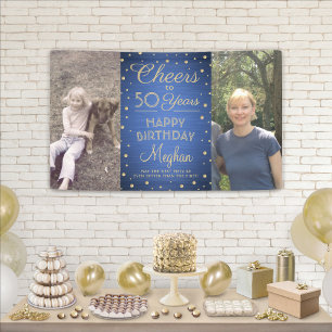 Cheers Any Year Birthday 2 Photo Navy Blue & Gold Banner