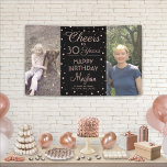 Cheers Any Year Birthday 2 Photo Pink and Black Banner<br><div class="desc">Celebrate a happy milestone birthday with a custom 2 photo pink and black party banner. Design features two images of your choice, modern script calligraphy customisable "Cheers to 30 Years" and rose gold faux foil confetti dots on a black background. Please note that text is printed colour, not metallic foil....</div>