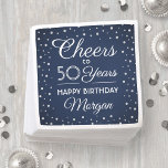 Cheers Any Year Birthday Glitter Navy Blue & White Napkin<br><div class="desc">Add an elegant personalised touch to birthday party decorations with these custom navy blue and white paper napkins. Design features modern script calligraphy customisable "Cheers to 50 Years" and silver faux glitter confetti dots on a navy blue background. This template is set up for a 50th birthday celebration, but is...</div>