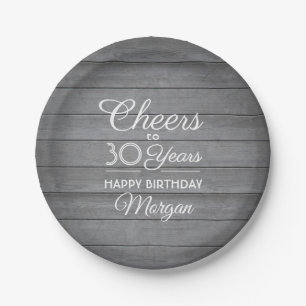 Cheers Any Year Birthday Grey Faux Wood Rustic Paper Plate