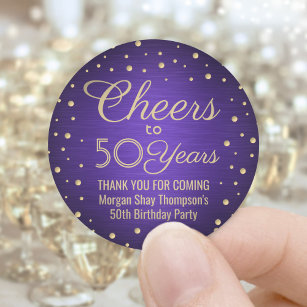 Cheers Any Year Birthday Party Purple Gold 50th Classic Round Sticker
