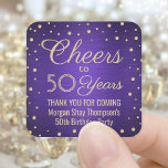 Cheers Any Year Birthday Party Purple Gold 50th Square Sticker<br><div class="desc">Add a personalised finishing touch to birthday party thank you notes or favours with these purple and gold square stickers / envelope seals. This template is set up for a 50th birthday, but is simple to customise to another year or event, such as an anniversary. Design features foil look confetti...</div>