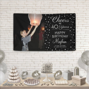 Cheers Any Year Birthday Photo Black White Silver Banner