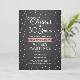Cheers Any Year Birthday Pink Rose Gold Chalkboard Invitation