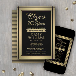 Cheers Any Years Retirement Elegant Black and Gold Invitation