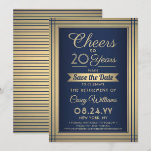 Cheers Any Years Retirement Elegant Navy Blue Gold Save The Date