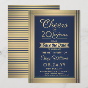 Cheers Any Years Retirement Elegant Navy Blue Gold Save The Date
