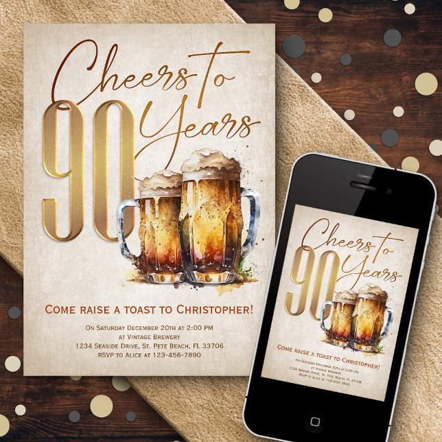 Cheers Beer Mens Funny 90th Birthday Invitation (Creator Uploaded)