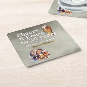 Cheers Beers 50 Years Black Smokey Men's Birthday Square Paper Coaster