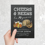 Cheers & Beers 70th Birthday Party Invitation<br><div class="desc">Rustic adult 70th birthday party invitations featuring a chalkboard background,  a selection of watercolor beers,  pretzel,  and a beer barrel,  the saying "cheers & beers to 70 years",  and a modern party template that is easy to personalise.</div>