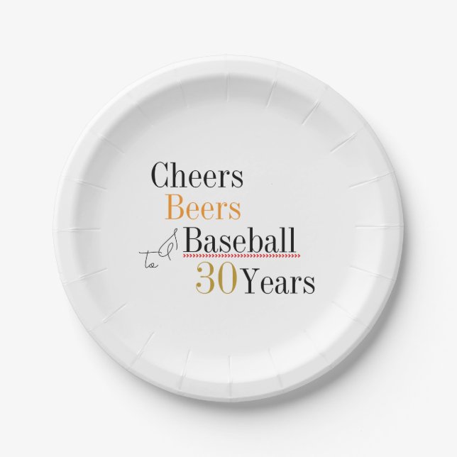 Cheers Beers and Baseball 30th Birthday Party Paper Plate (Front)
