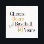 Cheers Beers and Baseball 40th Birthday Party Napkin<br><div class="desc">This is a cool and simple, baseball, cheers and beers themed 40th birthday design. It is a modern, minimal design, in classic black and white, with pops of gold, orange and red. Perfect for a cool and fun, baseball and beer themed, 40th birthday party. It has the message "Cheers, Beers...</div>