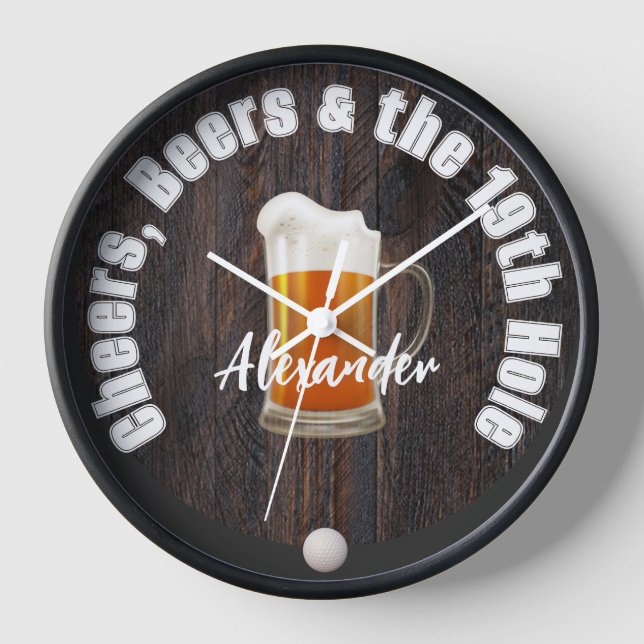 Cheers Beers and the 19th Hole Golf Balls Wood  Cl Clock (Front)