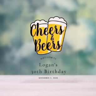 Cheers & Beers Beige Birthday Party Welcome Acrylic Sign
