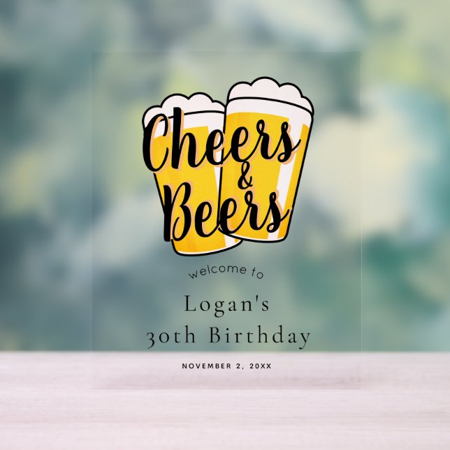 Cheers & Beers Beige Birthday Party Welcome Acrylic Sign (Neutral)