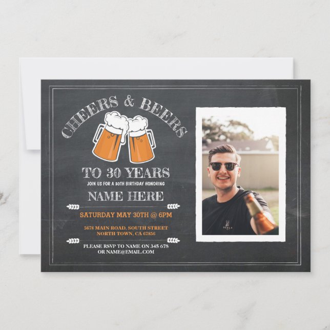 Cheers & Beers Birthday Chalk Party Photo Invite (Front)